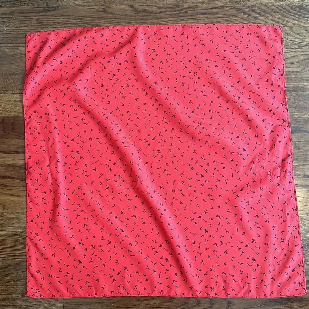 Red with small black floral‎ print polyester square neck scarf